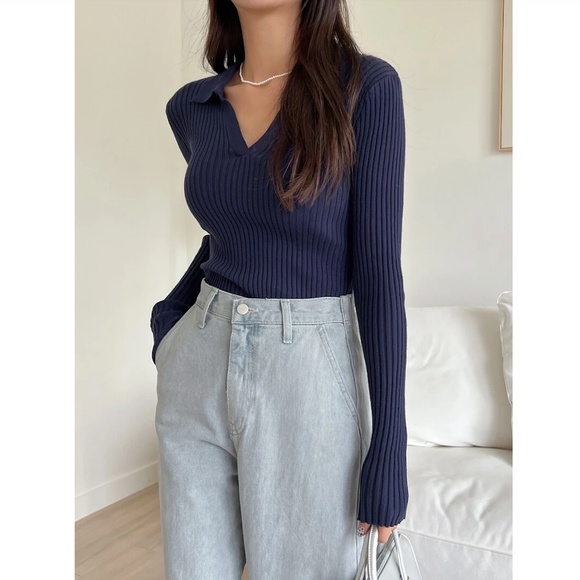 Navy Blue Rib Knit Polo Long Sleeve Sweater Shirt  V-Neck Stretchy - Picture 6 of 11